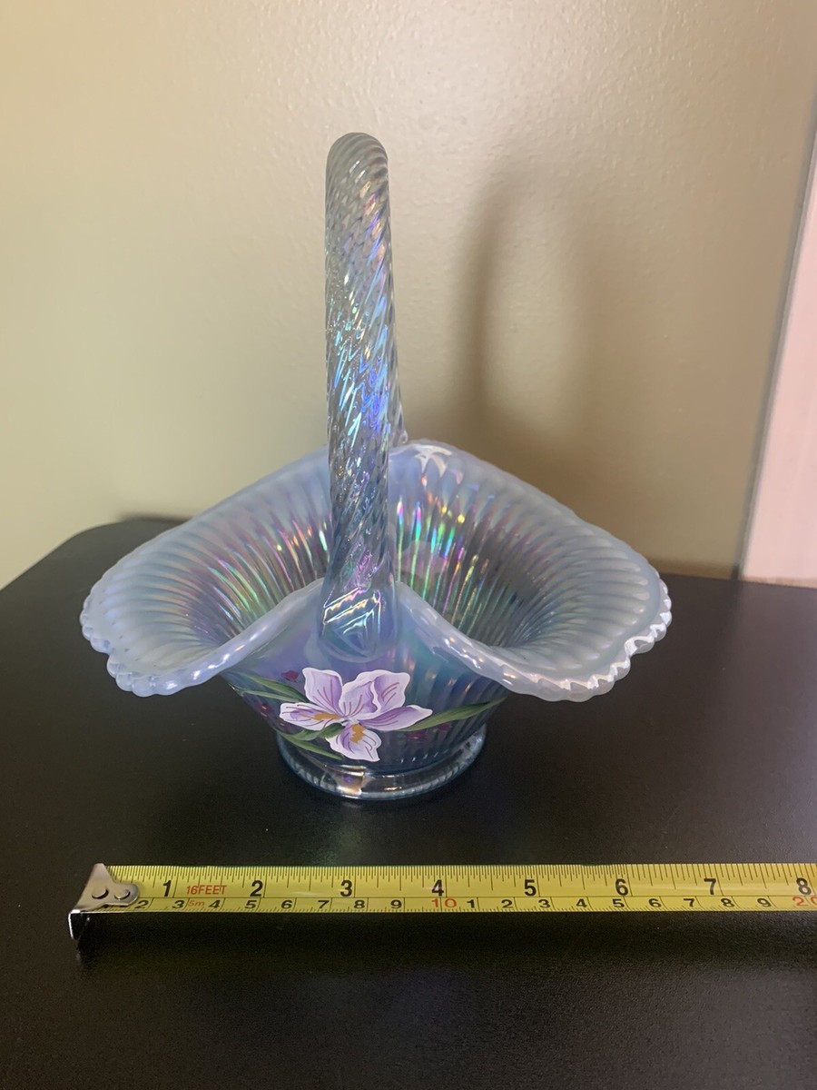 Fenton Blue Opalescent Ruffled Glass Basket Signed Painted Flowers
