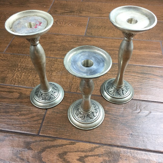 Set Of 3 Pottery Barn Candlesticks Silver Metal Holders Pedestal