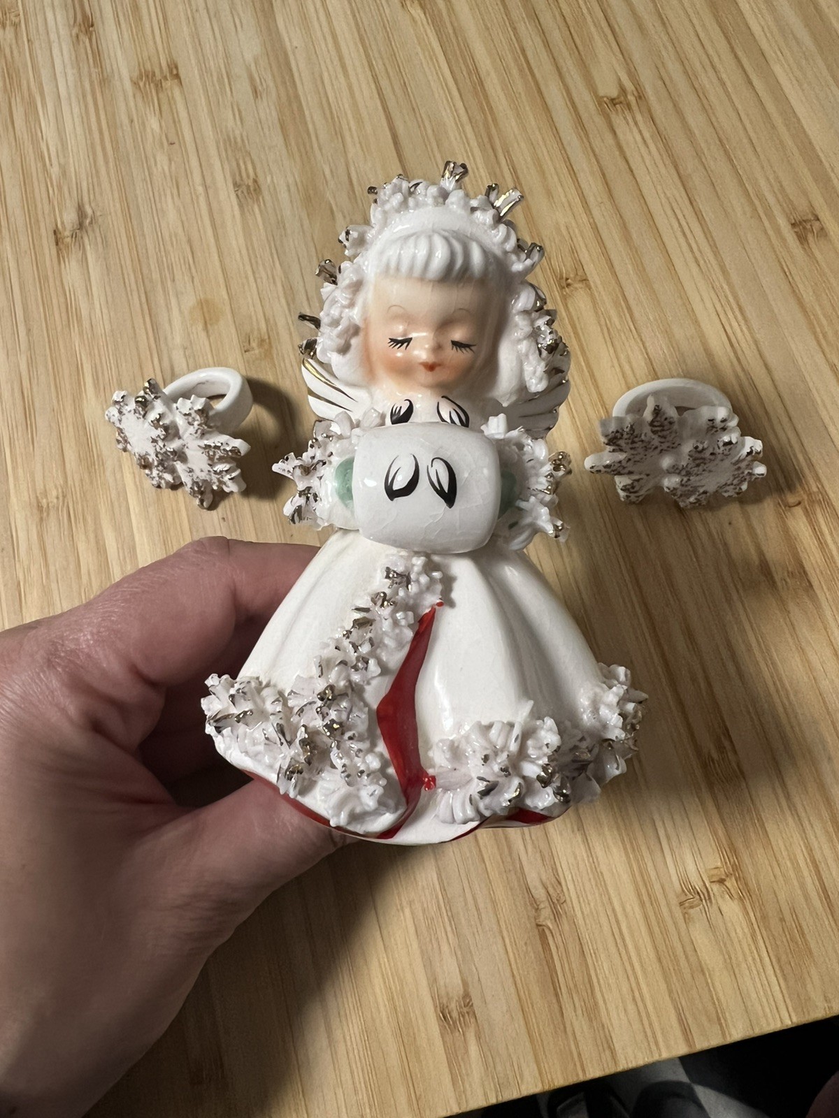 1958 Holt Howard Christmas Angel Candle Holder w/2 snowflake candle huggers