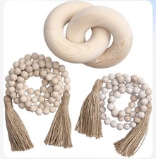 Wood Bead Garland Set Tassels Wooden Chain Link Decor Farmhouse Boho R