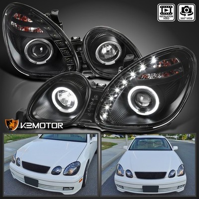Black Fits 1998-2005 Lexus GS300 GS400 LED Strip Projector Headlights Lamp 98-05