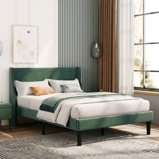 Double Bed Velvet Dark Green 4ft6 Upholstered Bed With Winged Headboard, Wood