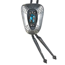 c1960 c-31 High Grade Bisbee turquoise Navajo sterling silver shadowbox bolo tie