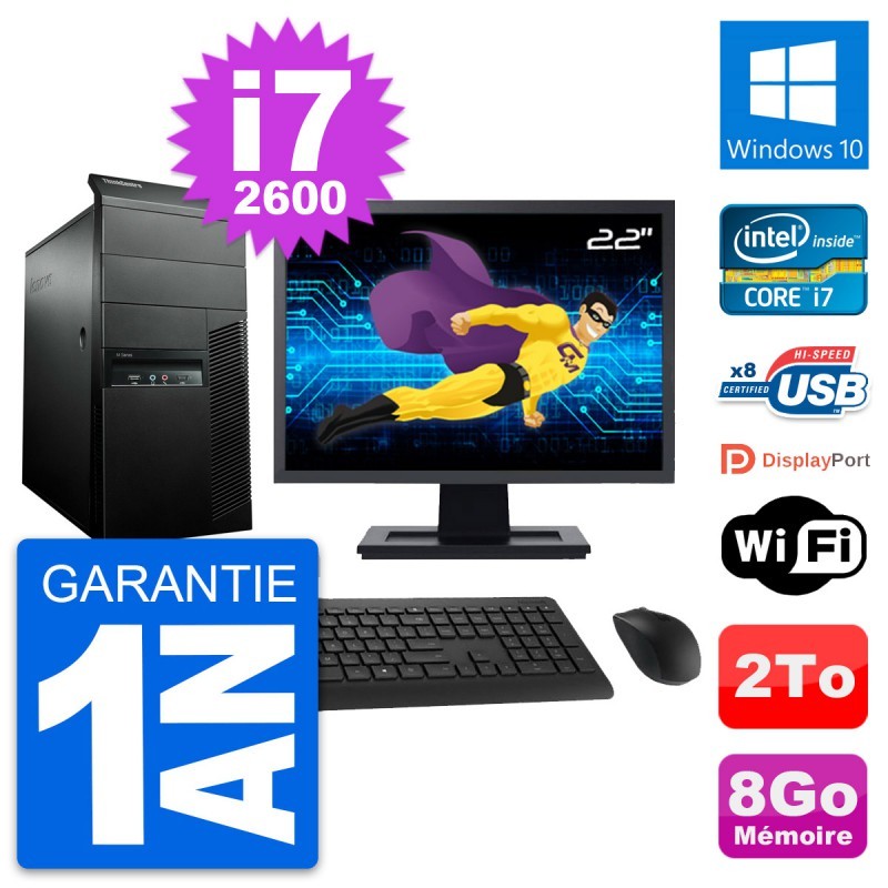 PC Tour Lenovo M91p Ecran 22" Core i7-2600 RAM 8Go Disque 2To Windows 10 Wifi