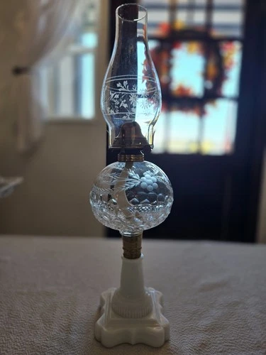 1800s Victorian Boston And Sandwich Glass Parlor Oil Lamp Milk Glass Base Etched