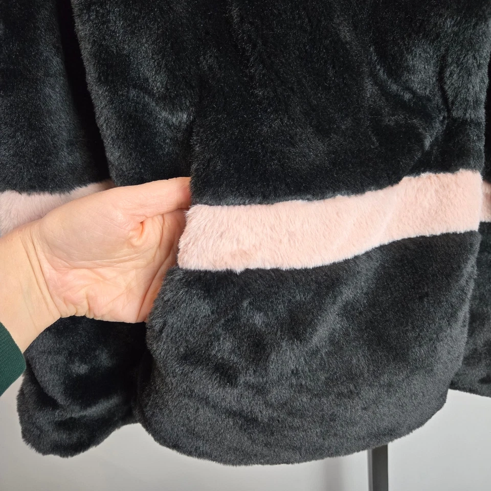 Rachel Parcell Black Pink Stripe Faux Fur Teddy Jacket Coat Black Pink Medium - Image 3 of 4