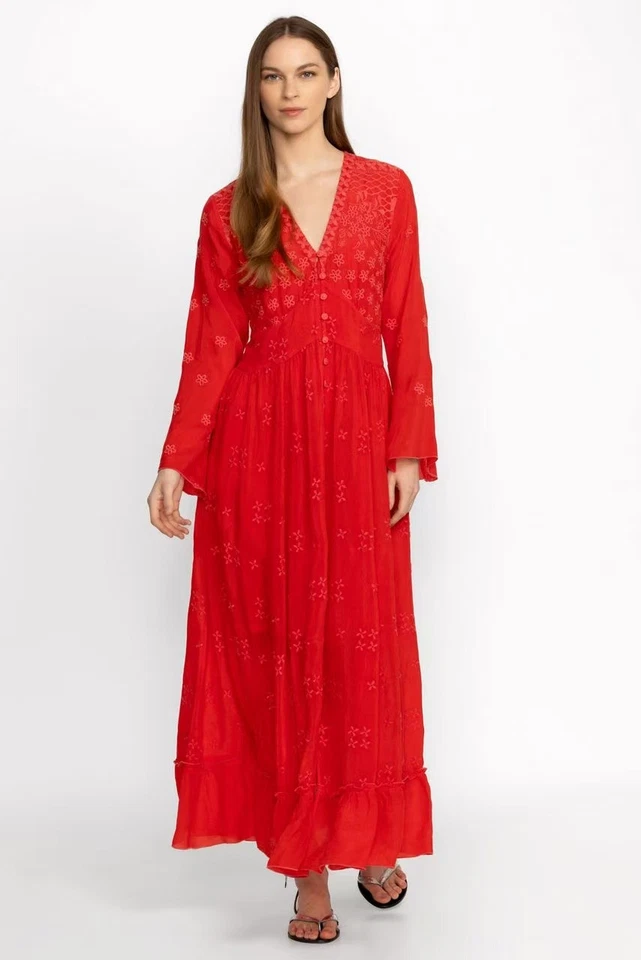 Maxi Vestido $448 NUEVO SIN ETIQUETAS JOHNNY WAS Bordado Floral Beesley Talla XS Rojo Foto 3 de 4