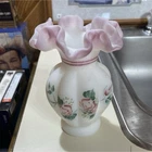 Fenton Hand Painted Milk Glass Ruffled Vase Pink Rose Signed S. Davis