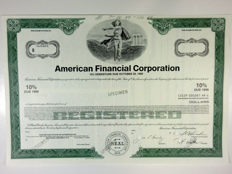 OH. American Financial Corp., 1989. Registered 10% Specimen Bond, XF ABNC