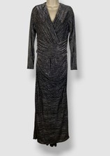 Betsy  Adam Women's Black Silver Metallic V-Neck Long-Sleeve Gown Dress Sz 16