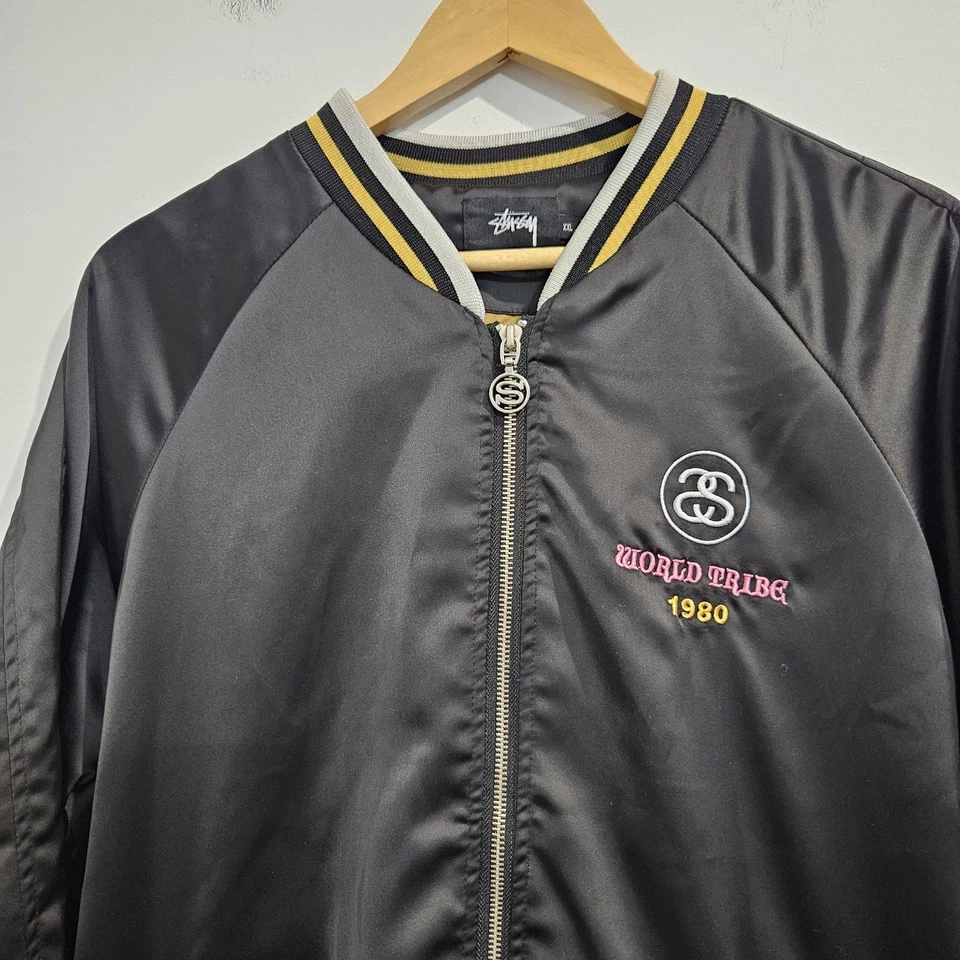 Stussy World Tribe Black Satin Bomber Souvenir Jacket Size XXL Full Zip  - Image 3 of 4
