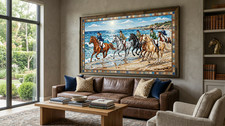 Elegant coastal horse mosaic artwork with vibrant seaside charm