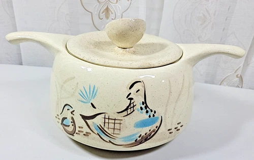VTG MCM Red Wing Pottery "BOB WHITE" Quail 2 QT? Casserole W/Lid