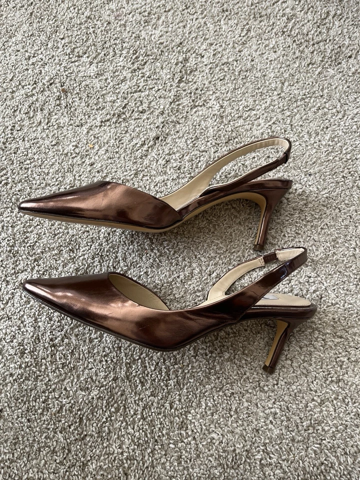 Mujer Bronce Metálico Pintado Puntera Eslinga Trasera Tacones Altos Cuero Talla 8.5 38.5 Foto 3 de 4