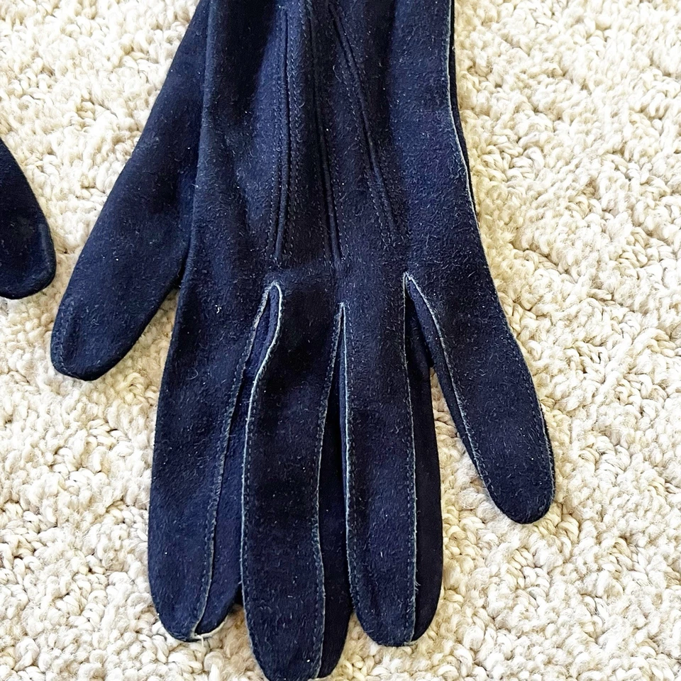 Womens Vintage Blue Suede Leather Gloves Sz 6 Lined Driving Fall Winter Classic - Image 4 of 4