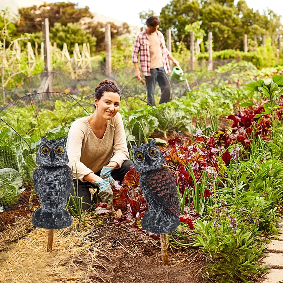 Paquete de 2 Espantapájaros Decoración Búho Falso con Cabeza Giratoria Disuasores de Pájaros Foto 2 de 4