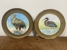 Two Rehau Keramik Wall Plates  Eagle and Great Blue Heron Brass Frame, Hanger