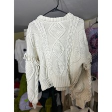 Macrame Line & Dot Cable Knit Fringe Sweater Heavy Cozy Boho Statement