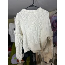 Macrame Line & Dot Cable Knit Fringe Sweater Heavy Cozy Boho Statement