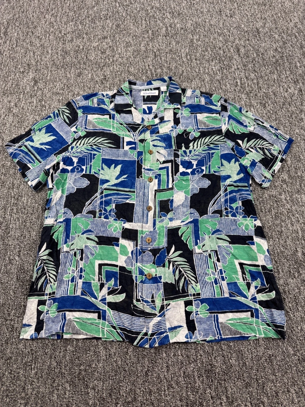 Caribbean Shirt Men Large Floral Geometric Hawaiian Tropic Aloha Button Up