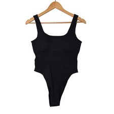 GetMod Bodysuit Women L Black Ribbed Scoop Neck Sleeveless Snap Closure Seamless