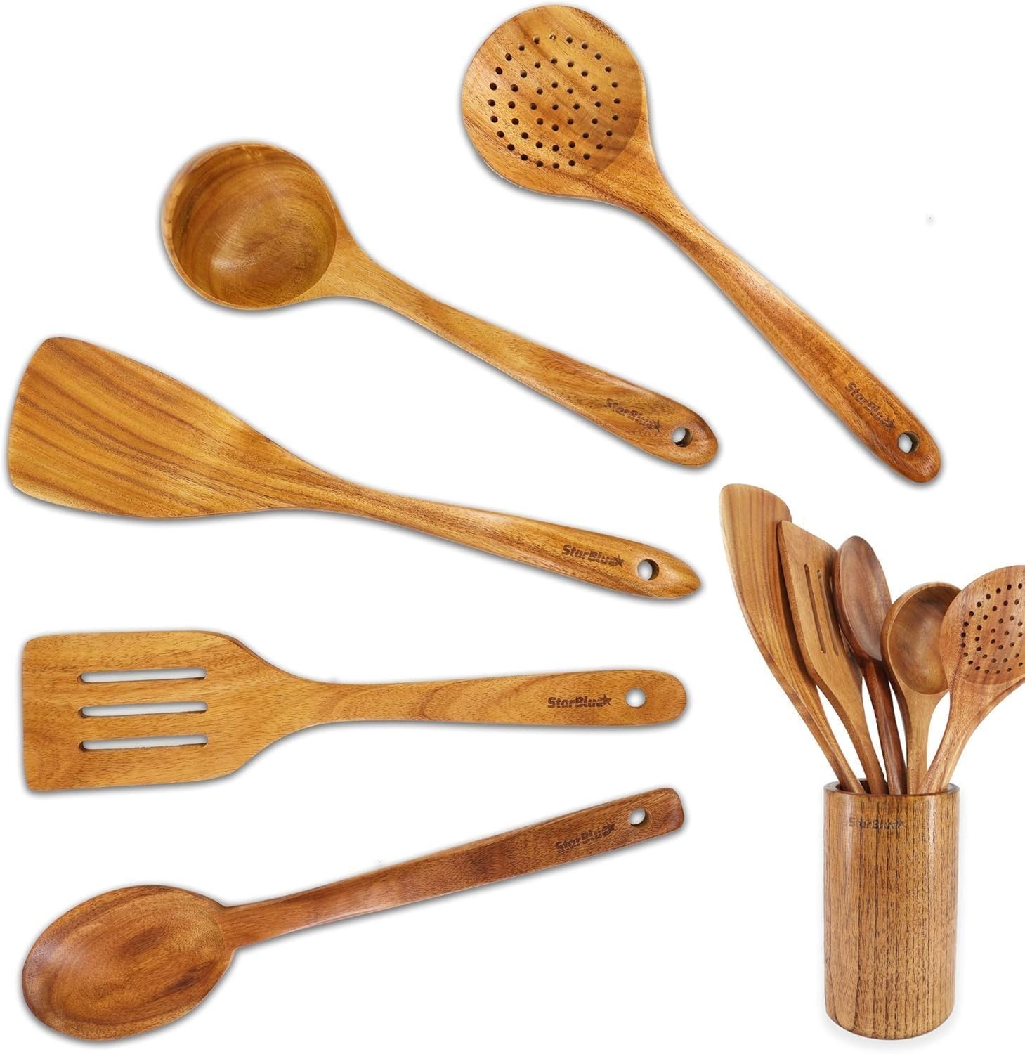 StarBlue Utensili da Cucina Professionali in Acacia | Set 6 Pezzi
