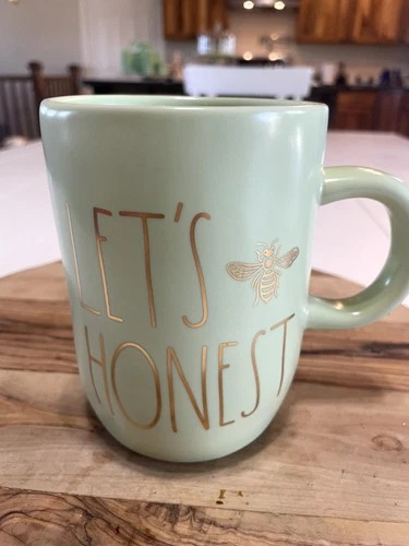Rae Dunn Magenta Light Green Coffee Mug "Let's Bee Honest" Gold Letters, EUC