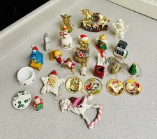 VTG Lot Of 24 Mixed Brands Materials Christmas Ornaments Santa Snowman Buildings