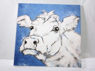 Cow On Blue Nicola King Canvas Framed Print Large  60cm x 60cm - Original - VGC