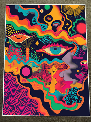 Psychedelic Visionary Eye Art with Abstract Faces and Neon Colors