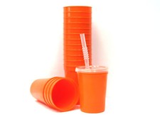 12 - Orange Plastic Glasses-Cups 12 Oz Lids & Straws Mfg USA Lead Free Durable