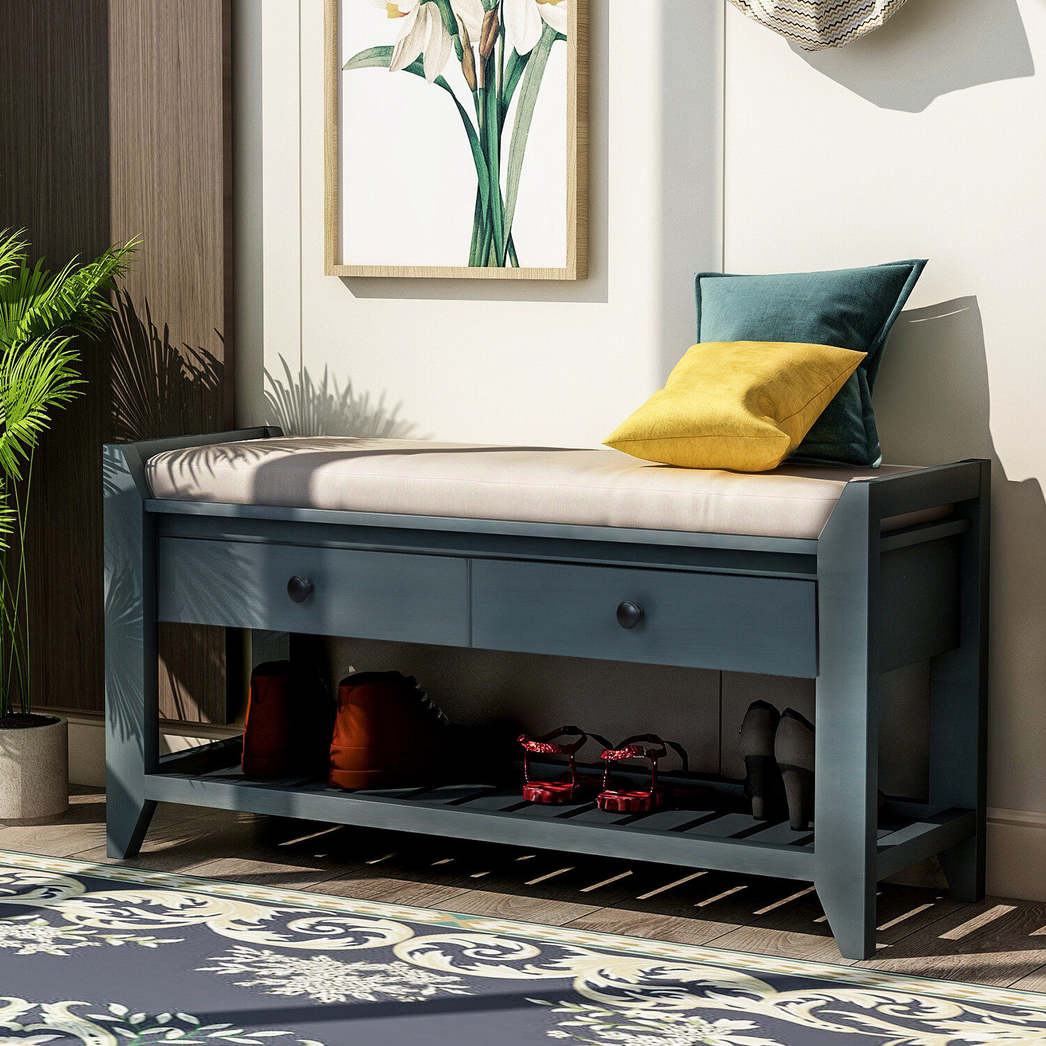 Storage Bench with Cushioned Seat and Drawers in Antique Navy-image