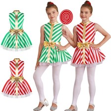 Girls Christmas Ballet Dance Tutu Dress Ice Skating Leotards Candy Cane Costumes