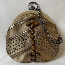 On Pedder Kisslock Wallet Mini Wristlet Beaded Satin Chain Strap Leather Trim
