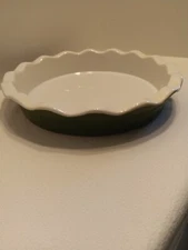 Ceramic pie dish 10.5" by 2" fluted edge slightly used no cracks green and white