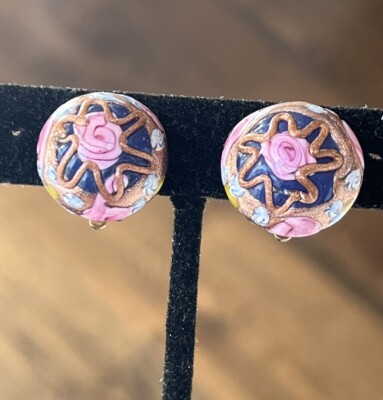 Vintage Venetian Glass Wedding Cake Earrings Cobalt Blue Pink Rose 