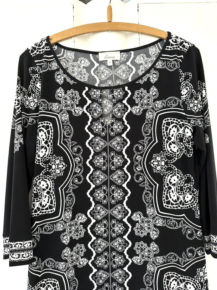 LINEA.  BLACK PRINT STRETCH JERSEY DRESS. 3/4 SLEEVES.  SIZE 12 - Image 2 of 3
