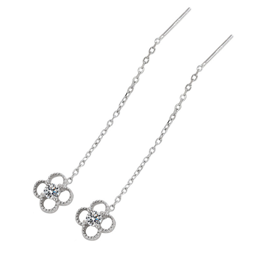 S925 Sterling Silver Clover Flower CZ Dangle Pull Through Threader Earrings PE36