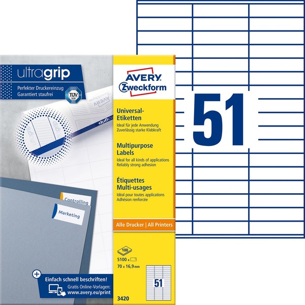 Avery Zweckform® 3420 3420 Universal-Etiketten - 70 X 16,9 Mm, Weiß, 5.100 Etike-image