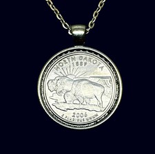 State Coin Necklace North Dakota Quarter Pendant Choose Bezel Color and Chain