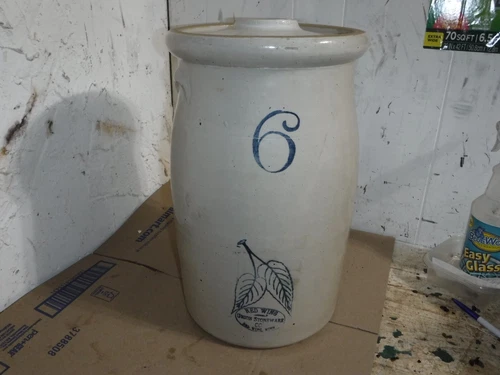Antique 6 Gallon Red Wing Salt Glazed Stoneware Leaf Churn Crock Minnesota
