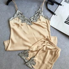Summer Ladies Sexy Silk Satin Pajama V-neck Lace Shorts Set Sleepwear M