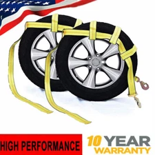 2PC Adjustable Car Tire Basket Straps Wheel Net Set J-Hook Tow Dolly Yellow