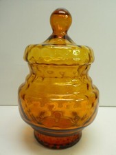 VINTAGE AMBER GLASS LIDDED JAR BOTTLE STORAGE CANISTER