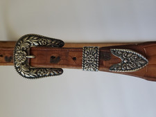 Vintage South Western Ranger Buckle Sterling Silver Tooled Leather Cactus Belt S
