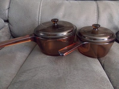 Set 2 VTG Visions Corningware Pyrex Amber Glass Cookware Pots Lids 4 USA