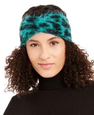 DKNY Womens Fuzzy Knit Twist Headband Green Black Leopard Animal Print One Size