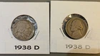 1938-D Buffalo and 1938-D Jefferson Nickels 5C Denver Mint