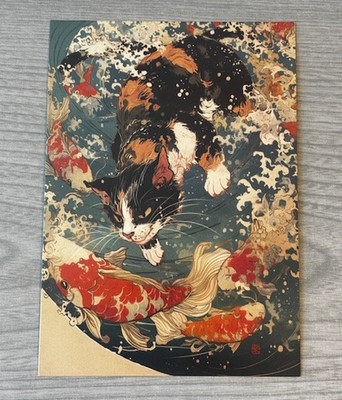 Neu 2025 Japanischer Vintage Stil Kunst Katze Postkarte Koi Fisch Schwimmen Wellen Wasser
