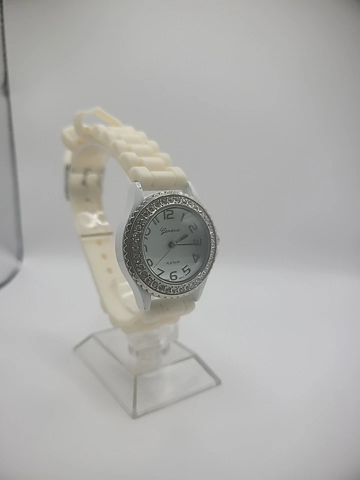 Vintage Genebra Relógio de Pulso Feminino Platina Branco Tom de Prata Cristais Joia - Imagem 2 de 4